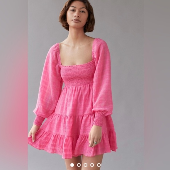 URBAN OUTFITTERS Smocked Long Sleeve Dress- Pink - Picture 1 of 2